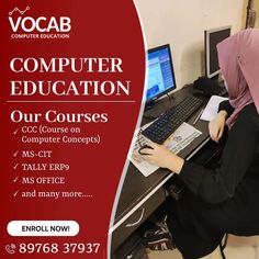 Learn Computer Courses with vocab Computer Education. 

We have separate batches for girls and boys. 

Enroll Now! 

For enrollment contact us at: 89768 37937 Enroll Now, Ms Office, Background Banner, Microsoft, For Girls