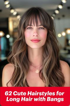 Woman with long layered hair and bangs, styled for added texture and face-framing effect Style Long Layered Hair, Cute Hairstyles For Long Hair, Long Layered Hair With Bangs, Get Long Hair, Ideas For Long Hair, Flirty Style, Layered Hair With Bangs, Hair With Bangs