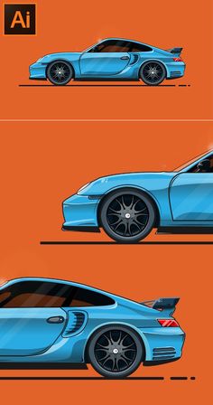 the side and back view of a blue sports car on an orange background with text above it