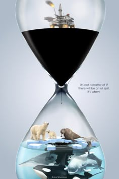 an hourglass with polar bears and penguins in the water under it, as if they were floating on ice