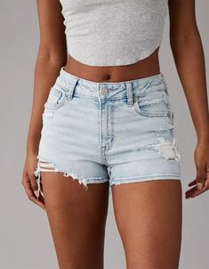 AE Next Level High-Waisted V-Rise Ripped Denim Short Short American Eagle Denim Shorts, Cute White Shorts, Where To Get Jean Shorts, Cute Shorts For Summer, Shorts Outfits For School, Outfits With Denim Shorts, Best Denim Shorts, Basic Summer Outfits, Cute Summer Shorts