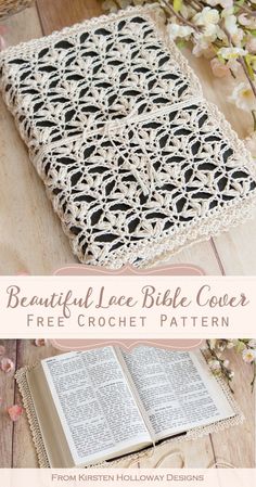 the beautiful lace bible cover is crocheted in black and white, with an open book