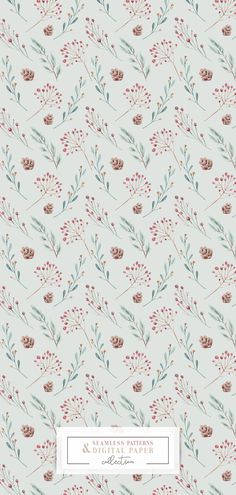 a floral wallpaper pattern with red flowers and green leaves on a light blue background