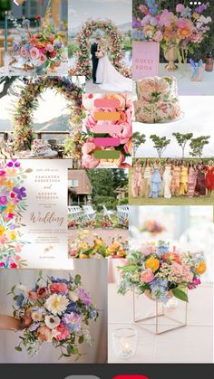 a collage of wedding photos with flowers and greenery in the center, on top of