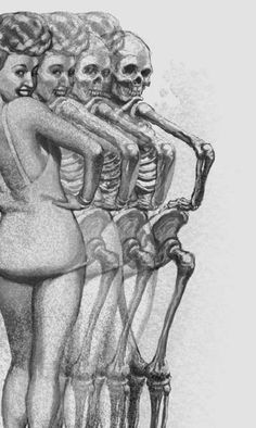 two women are standing next to each other with skeletons in the back and behind them