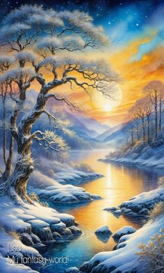 a painting of snow covered trees and water