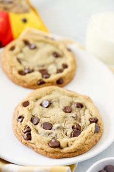 two chocolate chip cookies on a white plate