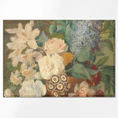 a painting with flowers in a vase on a table