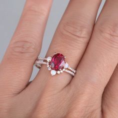 Ruby Ring, Rose Gold Ruby Opal Wedding Ring Set, July Birthstone Ring, Opal Stacking Band, Ruby Dainty Ring, Promise Ring, Anniversary Ring Unique wedding set,perfect as engagement/wedding ring, birthday or anniversary gift, etc. If you need one more wedding band, please see the below link: www.etsy.com/listing/851040980/opal-stacking-band-dainty-opal-ring-opal?ref=shop_home_active_1 Opal ring set: www.etsy.com/listing/685847028/opal-ringwhite-fire-opal-engagement-ring?ref=shop_home_feat_2&b Wedding Birthstone Ring With Halo Design In Cubic Zirconia, Fine Jewelry Cubic Zirconia Ruby Ring For Wedding, Cubic Zirconia Halo Ring With Accent Stones For Wedding, Pink Ruby Ring With Accent Stones For Wedding, Round Cut Ruby Diamond Ring For Wedding, Wedding Lab-created Ruby Ring With Prong Setting, Wedding Cluster Ring With Cubic Zirconia Gemstones, Wedding Cubic Zirconia Cluster Ring With Birthstone, Oval Ruby Wedding Ring In Fine Jewelry Style