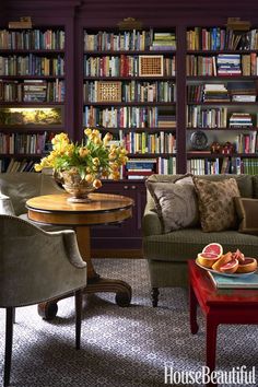 a living room filled with furniture and lots of books