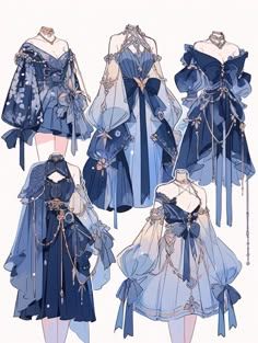 four different dresses with bows and ribbons on the sides, all in blue color scheme