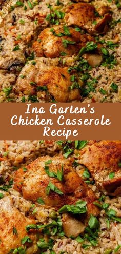 chicken casserole with rice and herbs in a pan