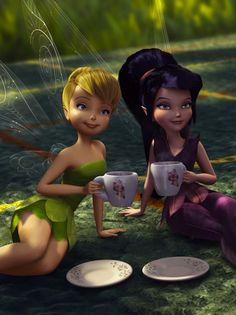 two tinkerbells are sitting on the grass drinking tea