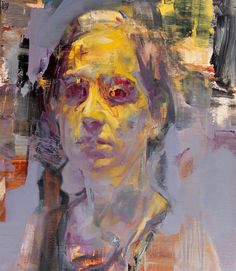 an abstract painting of a woman's face with yellow and red paint on it