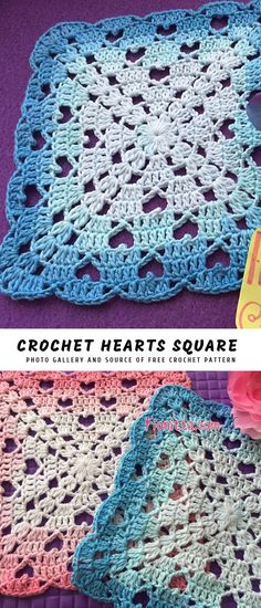 crochet hearts square is shown in two different colors and has the same pattern