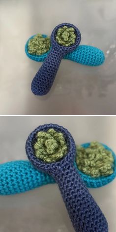 crocheted blue and green hairbrush holder on white surface with two pictures of the same item