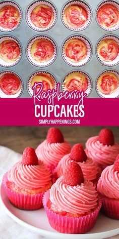 raspberry cupcakes on a white plate with pink frosting