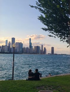 two people are sitting on the grass by the water looking at the cityscape