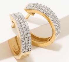 Sunday, Monday... huggie days! Tuesday, Wednesday... huggie days! Thursday, Friday... huggie days! A comfy, close-to-the-lobe fit makes these Accents by Affinity® hoops everyday wearable for any feel-good moment, while a substantial design of three dazzling rows of diamonds in polished prong settings makes their presence known. Watch them become your favorite accessory for the office, social events, and Saturdays around town.  Hinge benefits. The sturdy hinged closure on this hoop has been thoughtfully designed to lock with a click -- so your investment is as secure as your luxe style.  Thinking holiday gifts? Give them a huggie! No more guessing your cherished friend's ring size or your niece's fashion aesthetic this month. These hoops show just how you feel about them (aww) with a ca Friend Rings, Luxe Style, Sunday Monday, Colorless Diamond, Thursday Friday, Social Events, Fashion Aesthetic, Diamond Clarity, Diamond White