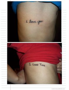 the back of a woman's stomach with tattoos on her left side and an inscription that reads, i love you