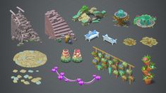 an image of various objects that are in the game, including plants and benches for people to sit on