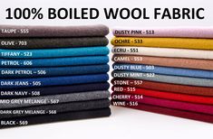 a pile of different colored wool fabrics with the words, 100 % rolled wool fabric