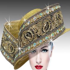 Our Most Dramatic Hat Of The Season Is Fit For The True Hat Lover. This Fabric Braided Hat Features A Dramatic Art-To-Wear Sculpture Of Crystals, Embroidery, And Shimmering Sequins. The Adjustable Sweatband Allows For Different Head Sizes And A Comfortable Fit. Luxury Gold Hat With Curved Brim, Glamorous Adjustable Hat With Rhinestones, Gold Adjustable Hats With Rhinestones, Rhinestone-embellished Short Brim Hat For Kentucky Derby, Luxury Cream-colored Hat Headpiece, Dramatic Arts, Wide Brimmed Hats, Wide Brimmed, Derby