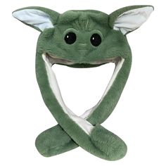 a green stuffed animal hat with ears and eyes