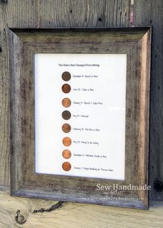 a wooden frame with three different penny coins in it on top of a wood table