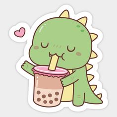 a green dinosaur drinking from a cup with a straw in it's mouth sticker