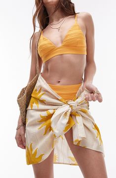 A sun print brings celestial style to this beach-to-boardwalk sarong designed with a shaping side tie. Tie closure 100% cotton Machine wash, line dry Imported Old Money Mom, Cover Ups Swimwear Beachwear, Celestial Style, Sarong Skirt, Tie Tie, Beach Sarong, Beautiful Person, Sarong, Gamer Girl