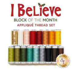 This is the coordinating 17pc Applique Thread Set for the I Believe Quilt BOM! This Set Includes: Sixteen (16) Sulky 50wt Cotton Spools (Colors: 1005, 1130, 1056, 0169, 1131, 1039, 1156, 1205, 1271, 1015, 1815, 1124, 1295, 0640, 1071, 1238) One (1) Sulky Sliver Metallic Spool (Color: 8003) Shabby Fabrics, Block Of The Month, Quilt Shop, Stitching, Thread, For Sale, Fabric, Color, Cross Stitching