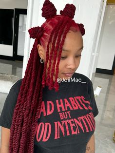 Two Braids Loc Styles, 2 Loc Braids, Loc Styles For Homecoming, Up Do Locs Black Women, Rose Petal Loc Style, Woman Locs Hairstyles, Cuban Twist Hairstyles Over Locs, Dark Red Locs Black Women, Dread Hairstyles Women