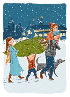 a family is walking through the snow carrying a christmas tree in their hands, with a dog nearby