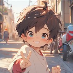 an anime character is giving the peace sign in front of some motorcycles and scooters