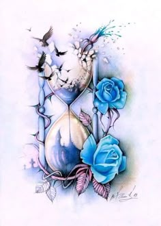 a drawing of an hourglass with blue roses and birds flying around it, on a white background