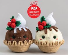 two crocheted cupcakes sitting next to each other