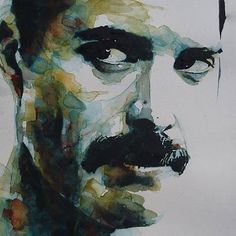 a watercolor painting of a man's face with black hair and mustaches