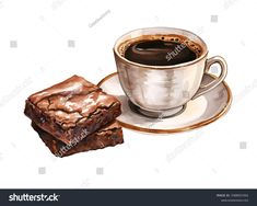 a cup of coffee and two pieces of brownies on a saucer, watercolor painting