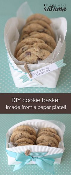 chocolate chip cookies in a paper plate with the words diy cookie basket made from a paper plate