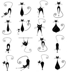 the silhouettes of cats are shown in black and white, with swirly tails