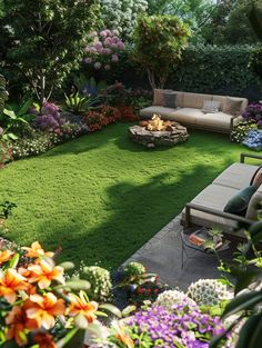 an outdoor living area with grass and flowers