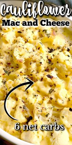 cauliflower mac and cheese in a white bowl with text overlay that reads, cauliflower mac and cheese