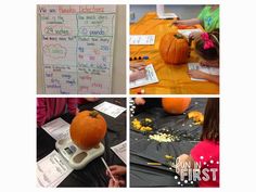 four pictures with pumpkins on the table and writing about their activities in front of them