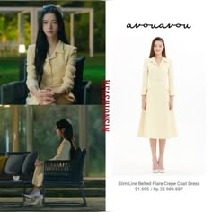 the woman is wearing a white coat and dress in three different pictures, including one sitting on a bench