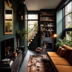 a living room filled with furniture and a fire place