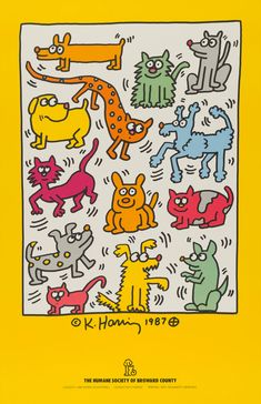 a yellow poster with cats and dogs on it