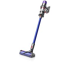 a blue and silver vacuum cleaner on a white background