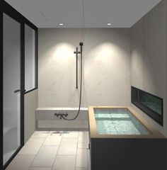 a bathroom with a bathtub, sink and shower head in the middle of it