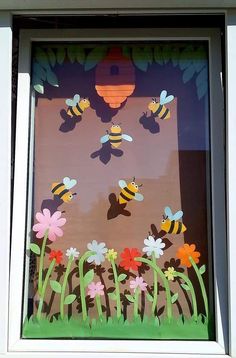 the bees are flying out of the window and into the air with flowers in front of them